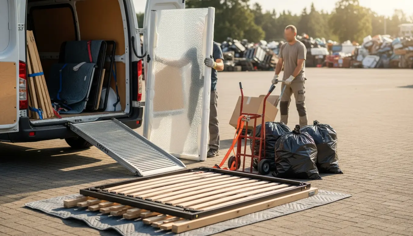 Indpakket bruseglas, adskilt dobbeltseng og sække med affald ved en åben varevogn klar til genbrugspladsen.