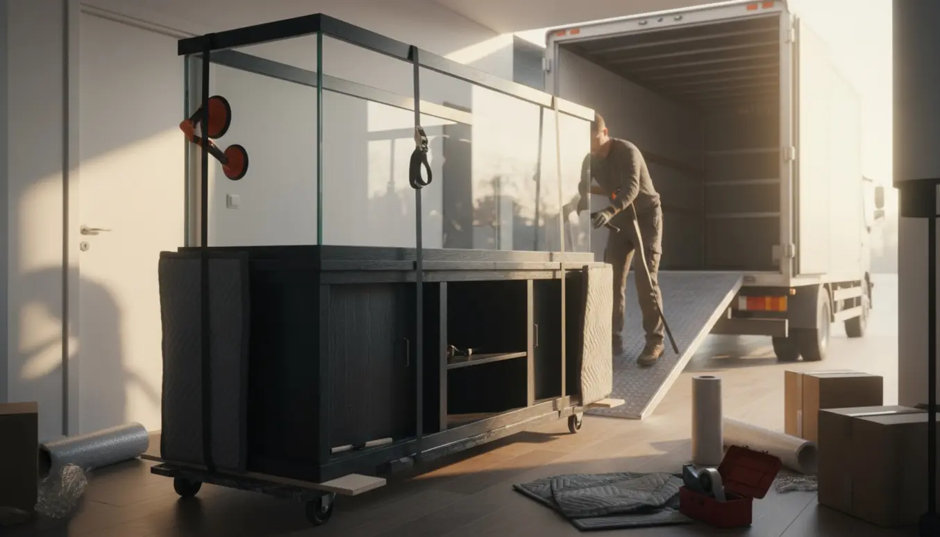 Tomt 750L akvarium på ca. 201 cm pakket på underskab og møbeldolly ved en åben flyttebil, flyttefolk med handsker spænder stropper.