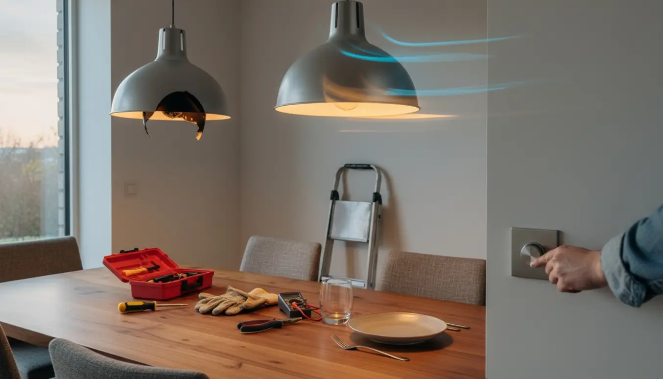 To hængende lamper over et spisebord, den ene slukket, den anden blinker voldsomt mens hænder justerer en lysdæmper med værktøj på bordet.
