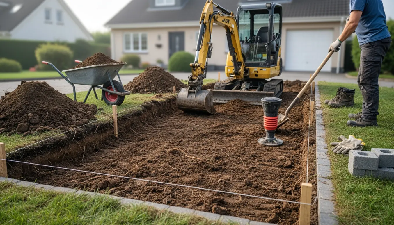 Udgravning til indkørsel med minigraver, bunker af muldjord og synlige rødder.