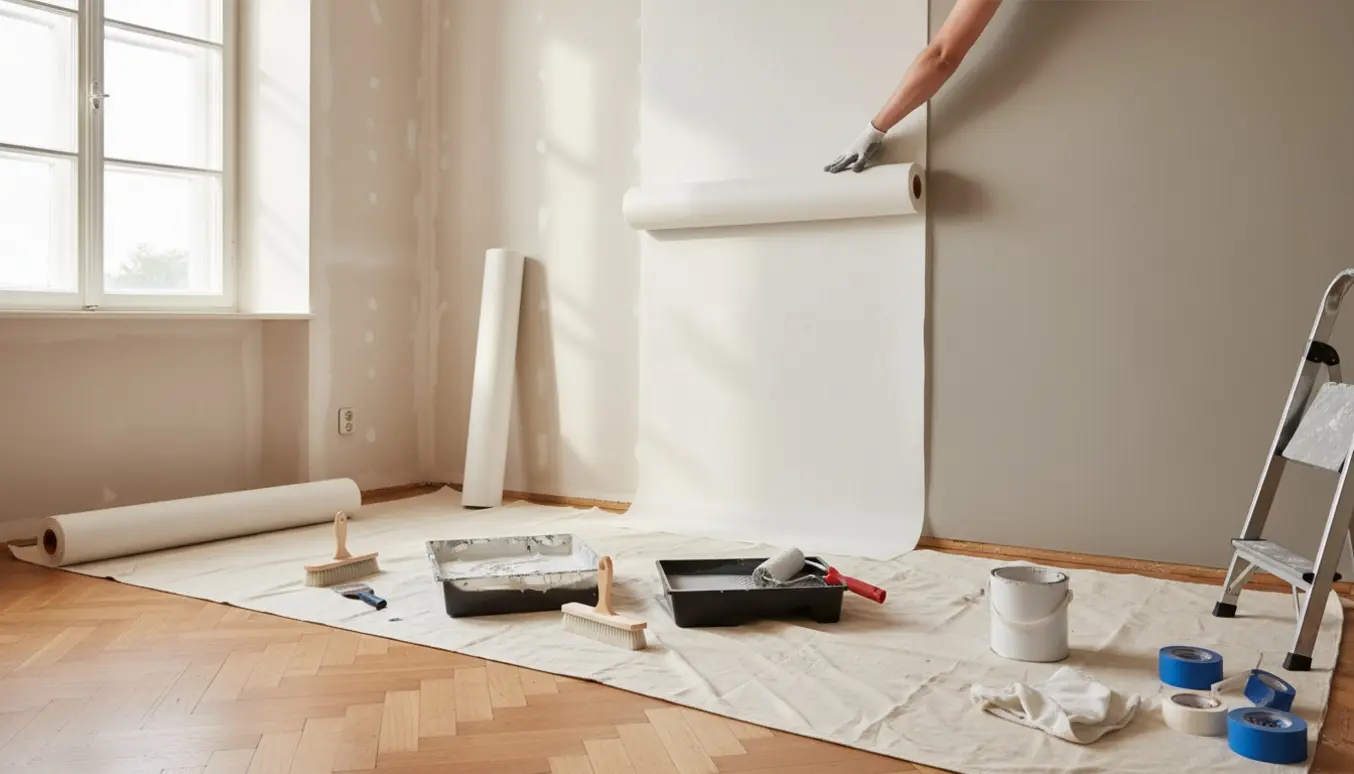 Interiør under renovering med filt på væggen og malerredskaber på et beskyttet gulv.