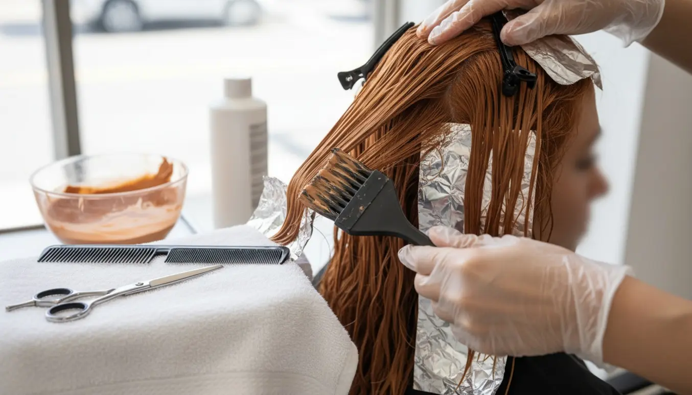 Frisør påfører hårfarve og forbereder en let klipning i en solbelyst salon.