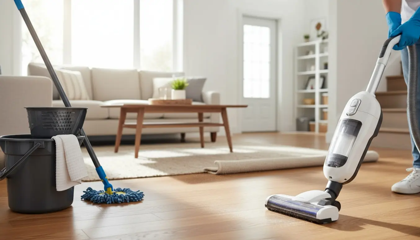 Rengøringshjælp med handske støvsuger og moppe på trægulv med trappe til kælder i baggrunden.