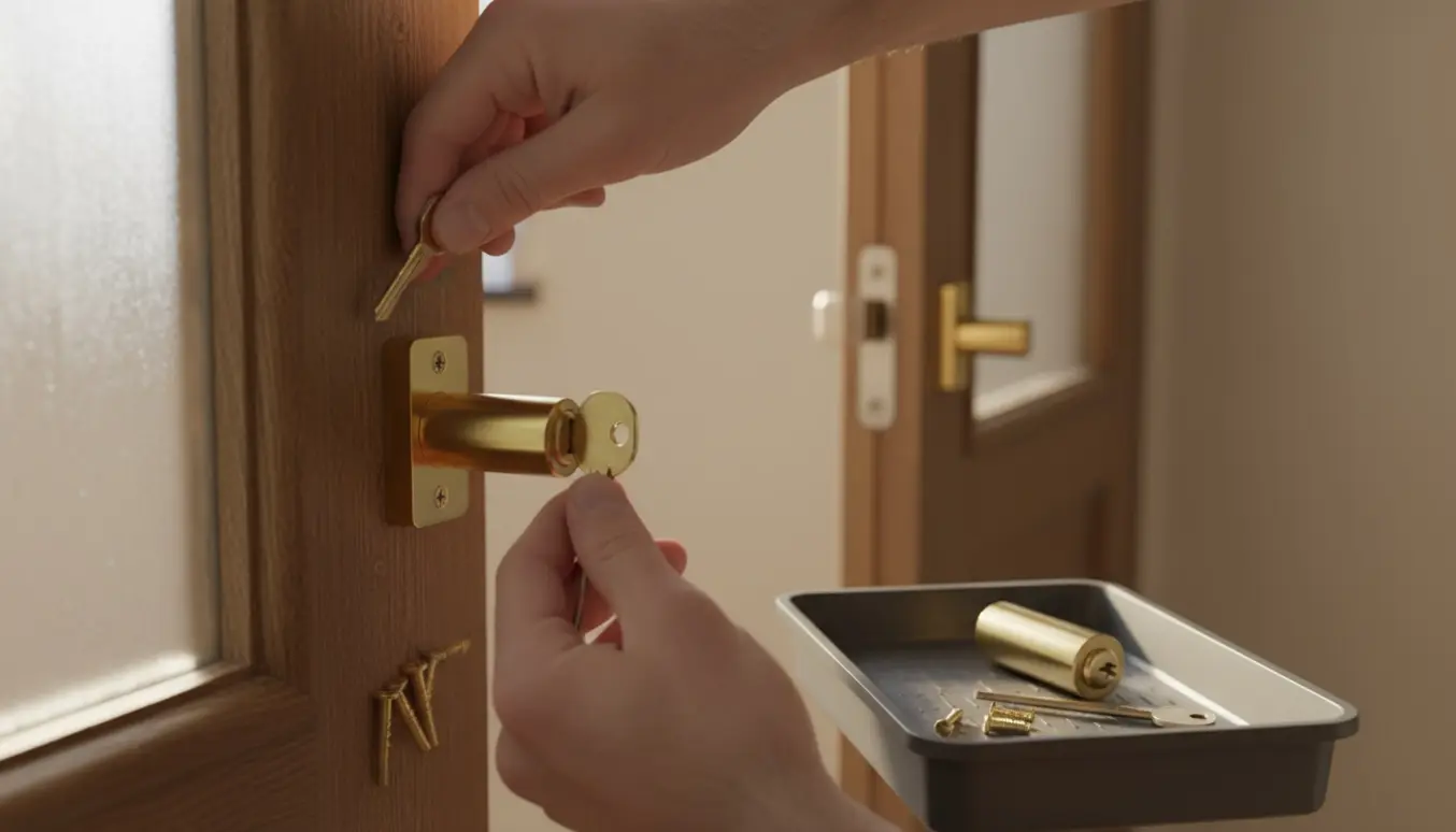 Hænder monterer nye cylinderlåse og tester den samme nøgle.