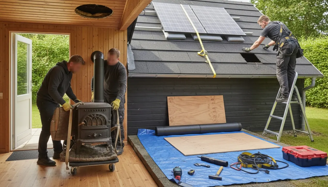 Håndværkere fjerner en tung gammel brændeovn i et solbelyst sommerhus og reparerer et hul i træloftet mens solceller midlertidigt er fjernet.