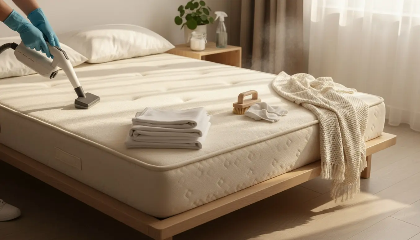 Nærbillede af en stor madras (160x200) der rengøres med støvsuger, børste og damprenser i et lyst soveværelse.
