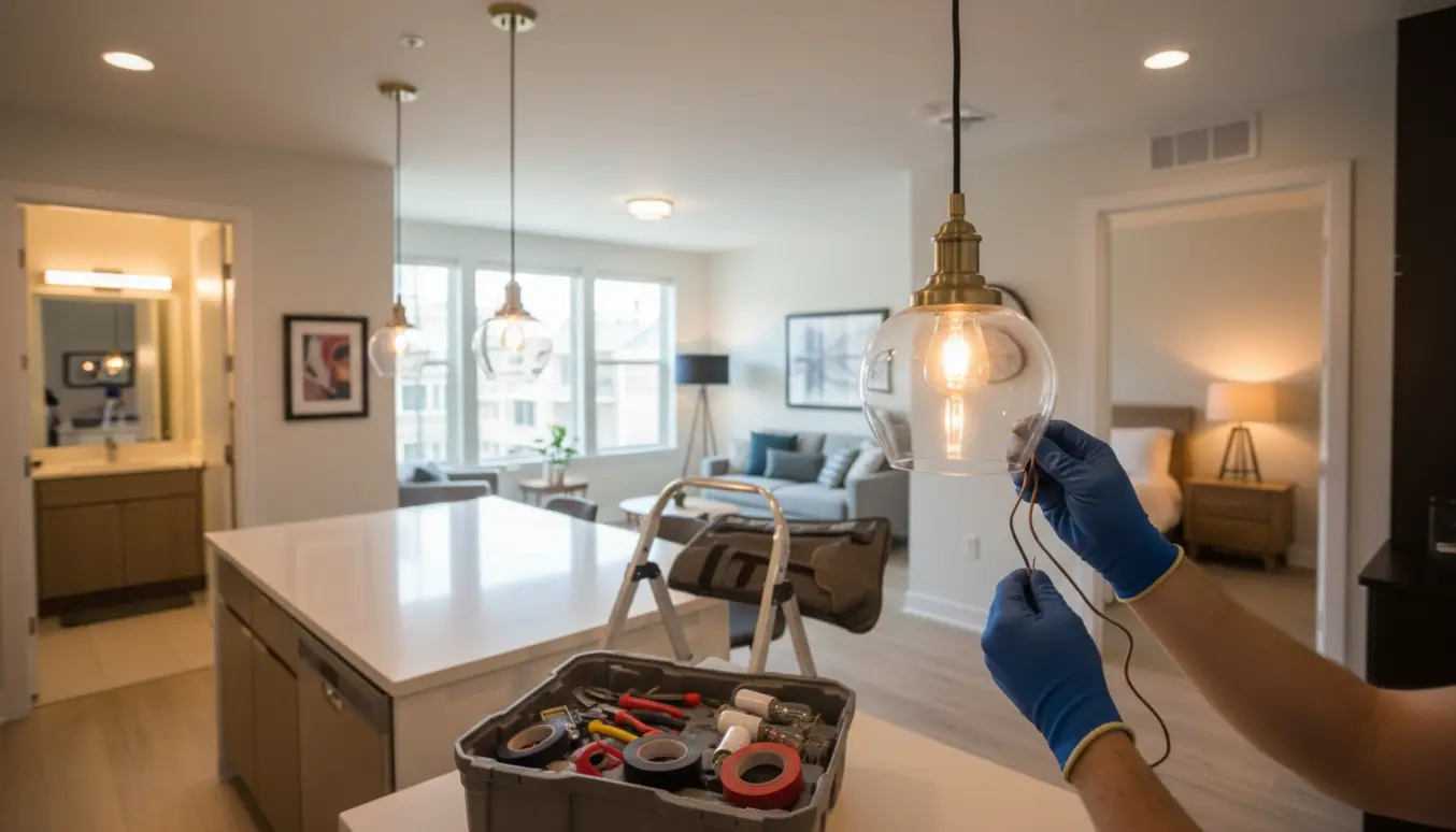 En håndværker på en stige tilslutter en loftslampe i en moderne lejlighed med synlige lamper og værktøj.