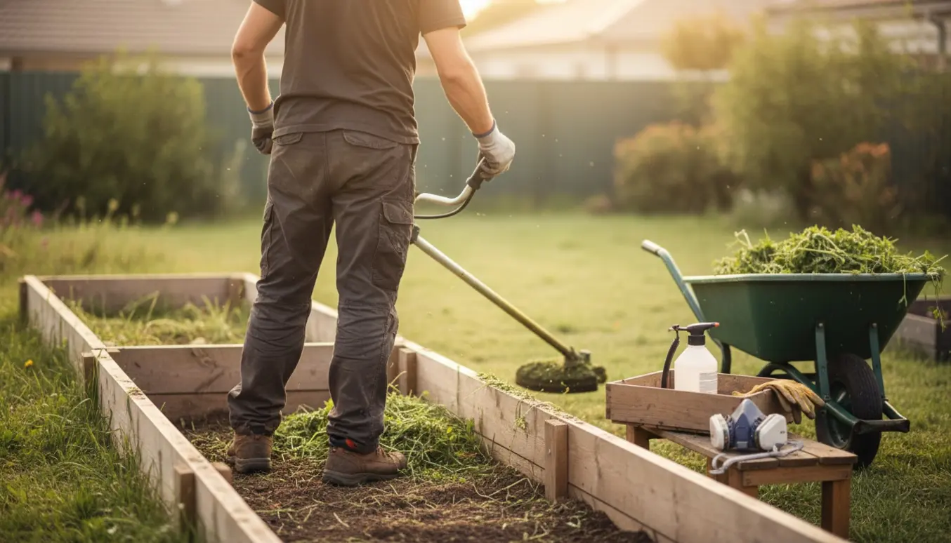 En gartner slår græs og ukrudt ned i lange bede med en buskrydder, mens sprøjte og beskyttelsesudstyr står klar.