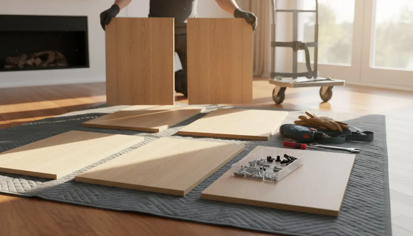 Hænder fjerner et adskilt skab med paneler, skruer og boremaskine i et lyst rum.