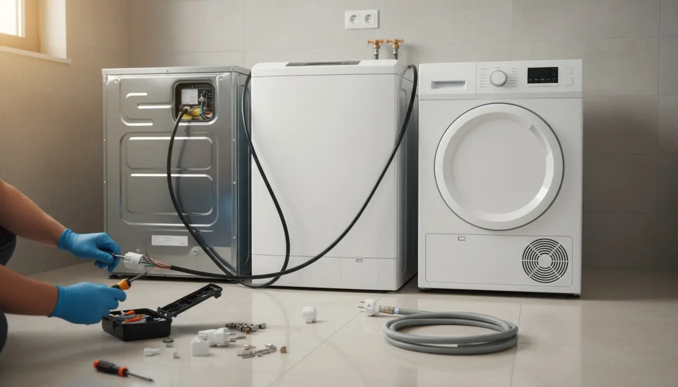 Hænder monterer nye stik på ledninger bag opvaskemaskine, vaskemaskine og tørretumbler i et lyst bryggers.