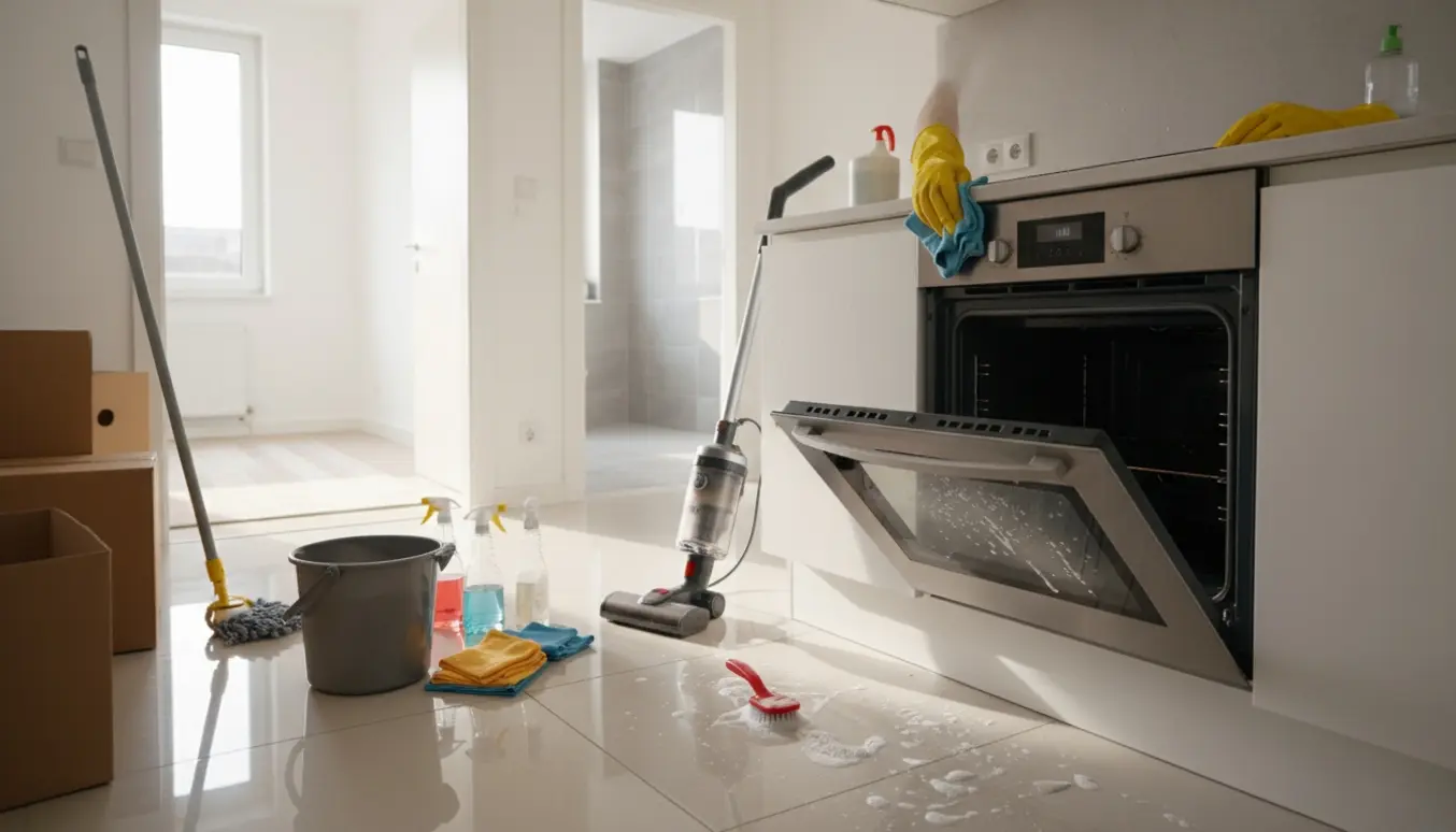 Flytterengøring i en tom 70 m² lejlighed med åben ovn og hænder i gule handsker, der tørrer ovnens indre.