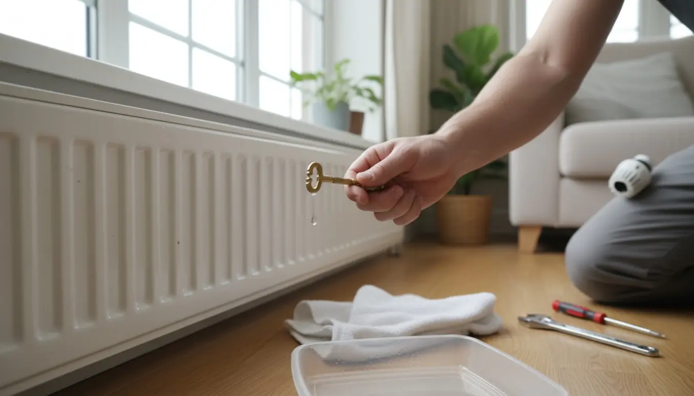 En person udlufter en radiator med en nøgle over et håndklæde og værktøj i et lyst stueinteriør.
