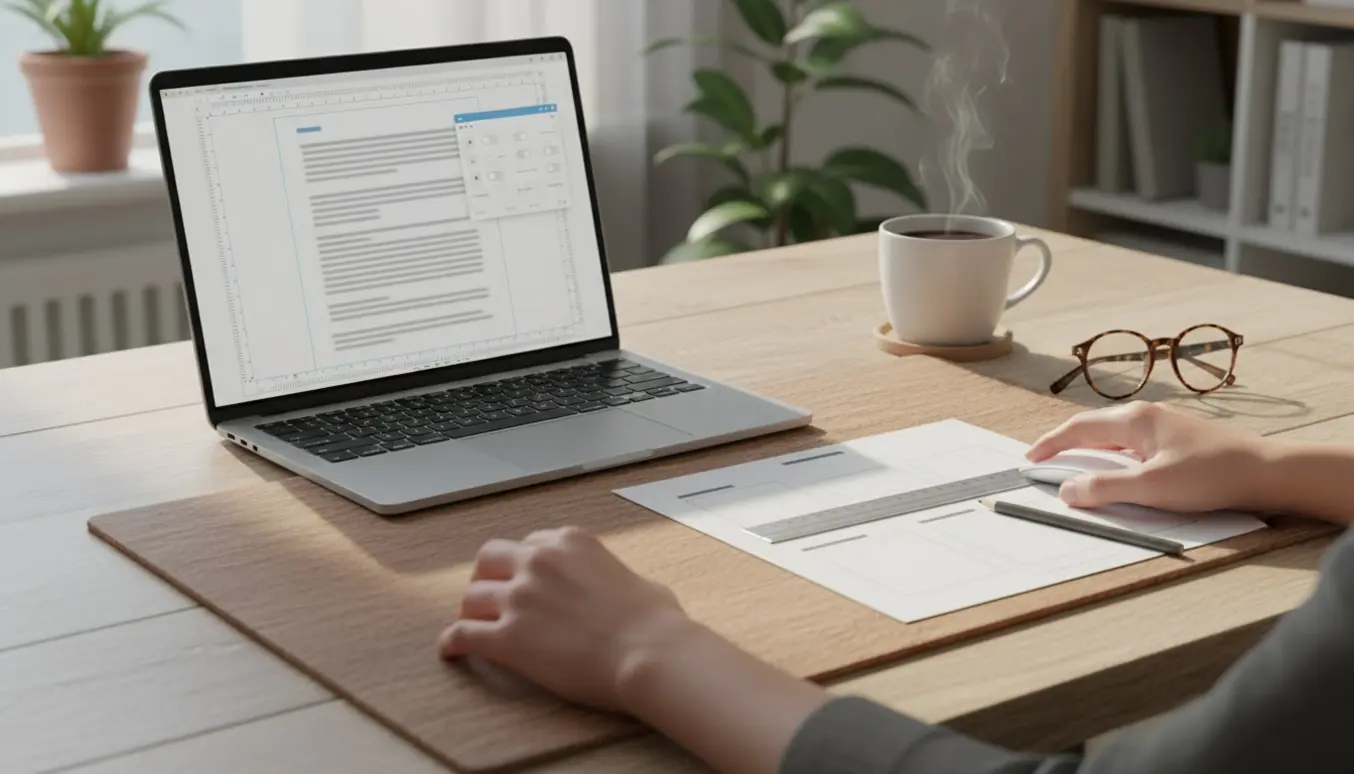 Nærbillede af hænder, der formaterer et projekt i et Word-dokument på en bærbar med marginer og layoutværktøjer.