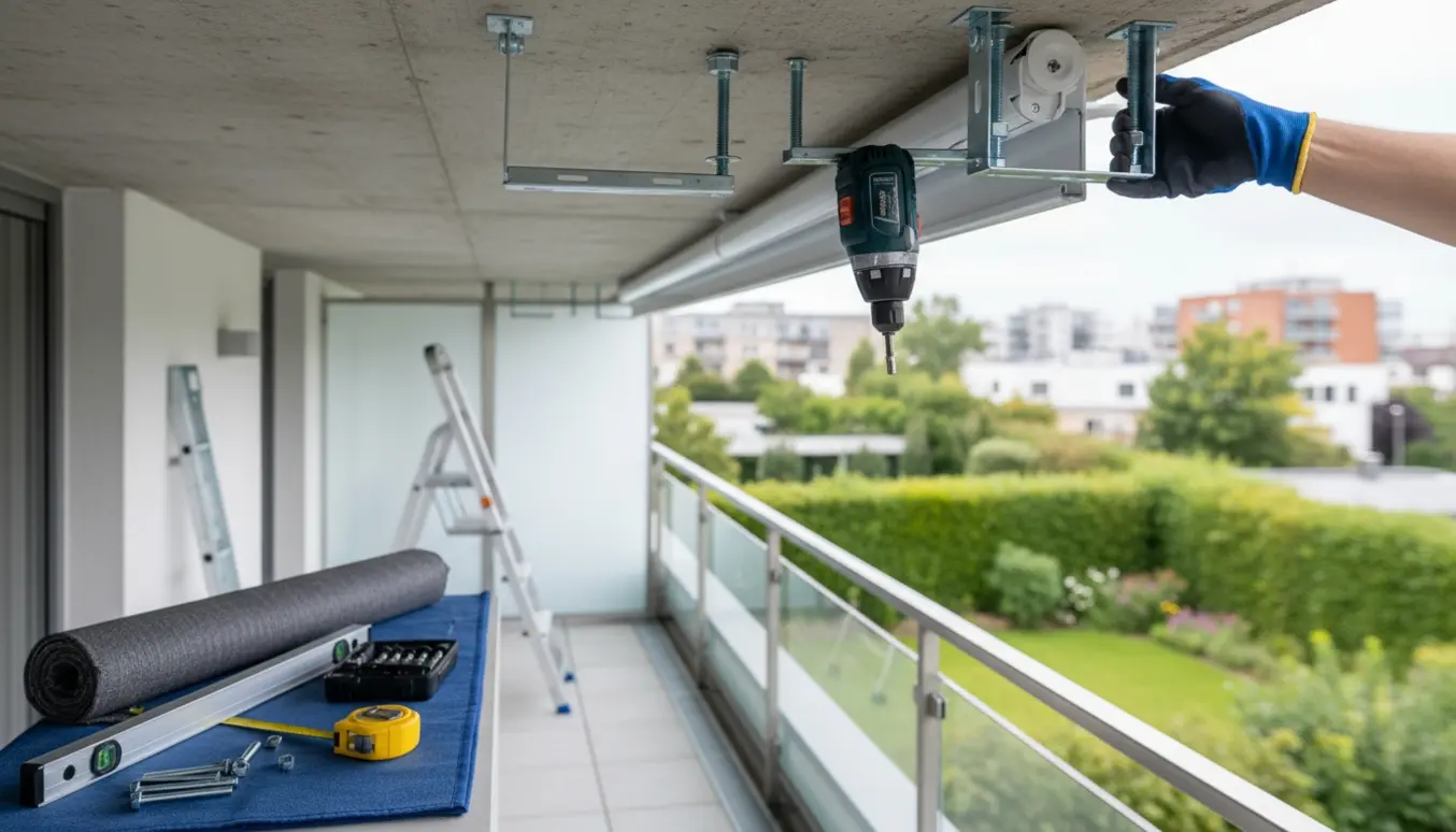 Elektrisk kassette-markise ved montering i altans loft med beslag og værktøj synlige.