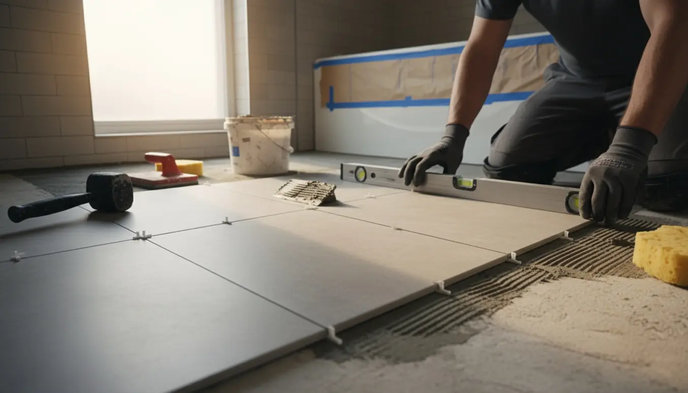 Nærbillede af hænder, der lægger store firkantede fliser på et badeværelsesgulv med værktøj og flisekryds.