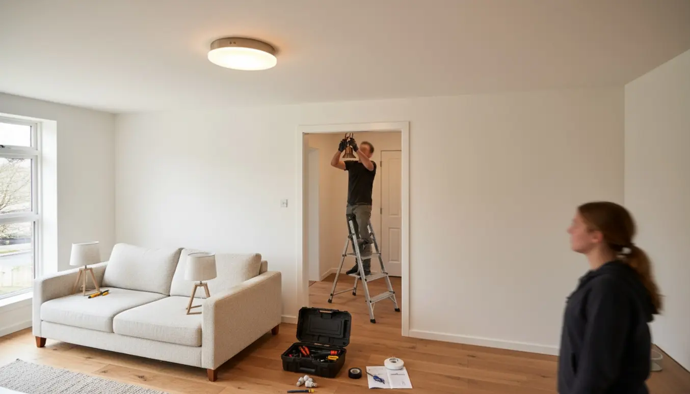Hænder installerer en loftslampe mellem stue og gang med værktøj og reservedele på gulvet.