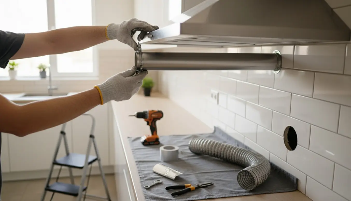 Nærbillede af udskiftning af aftræksrør på en væghængt emhætte i et lyst køkken.
