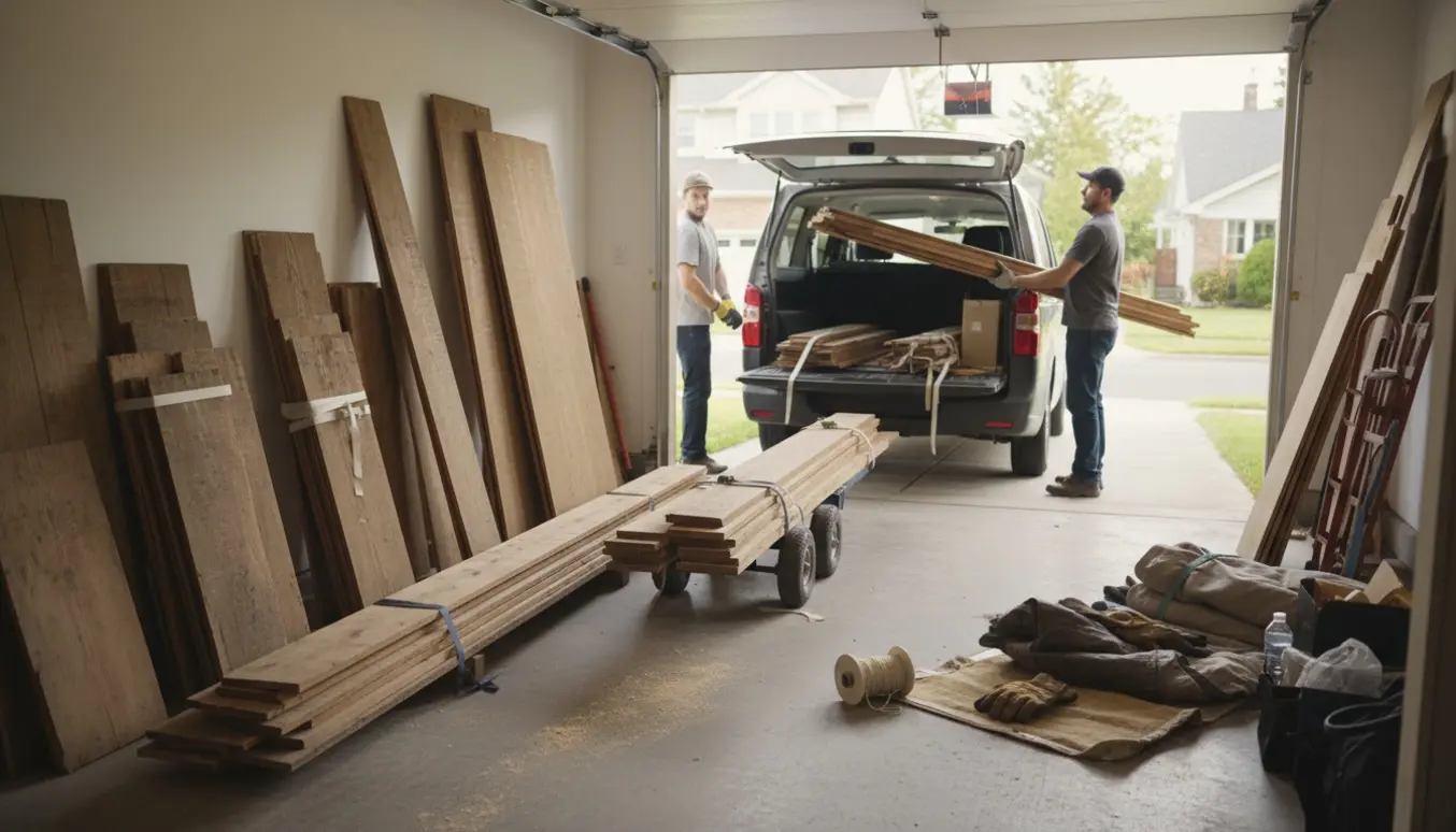 Stakke af trægulvbrædder og fodlister i en åben garage klar til afhentning.