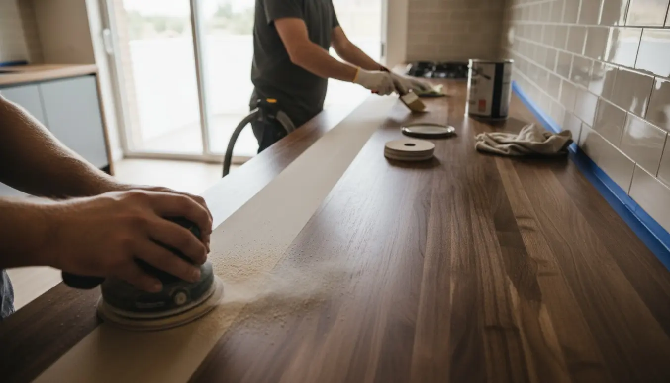 Nærbillede af slibning og oliering af en mørk træbordplade i et lyst køkken.