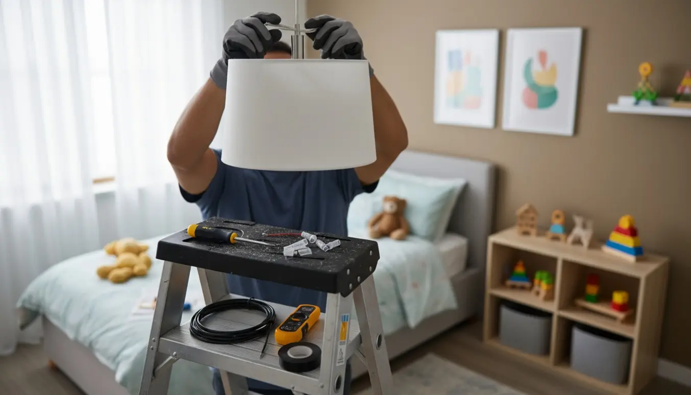 Person på en stige forbinder en loftlampe i et lyst børneværelse.