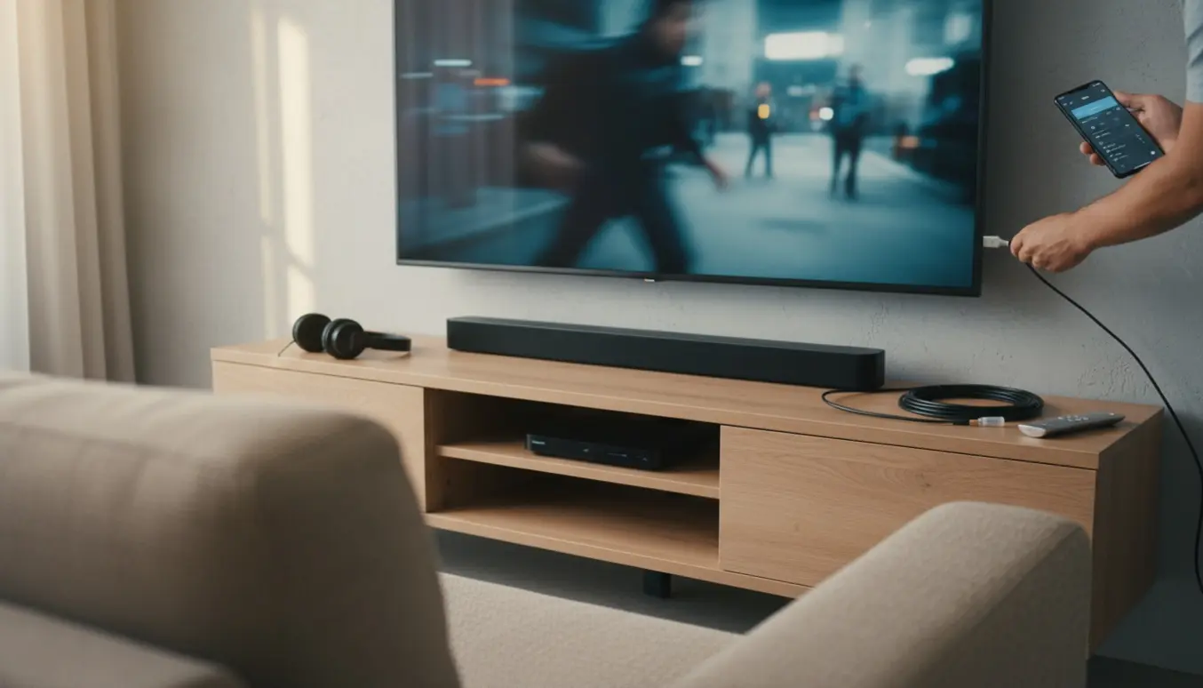 Hænder tilslutter HDMI-kabel til et nyt fjernsyn med soundbar for at rette lyd- og billedsynkronisering.