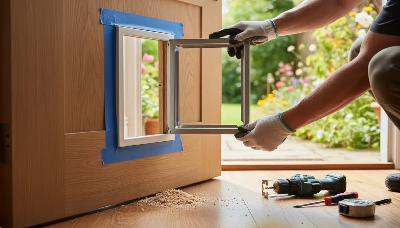 Hænder monterer en kattelem i en yderdør med værktøj og træspåner omkring.