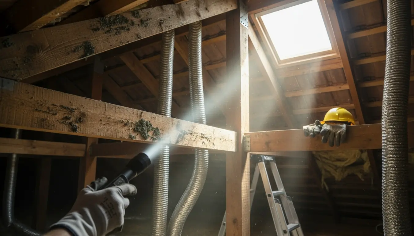Loft med synlig skimmelsvamp på spærene, løse ventilationsrør og en hand med lommelygte, der undersøger skaden.