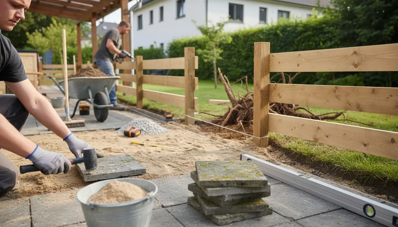 Lille terrasse hvor gamle fliser lægges igen, mens et simpelt træhegn sættes op mellem naboerne.