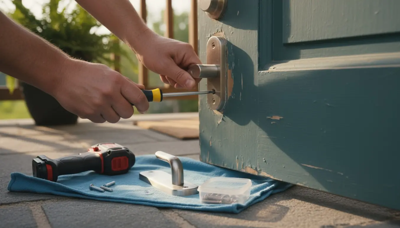 Hænder strammer et løst yderdørhåndtag med en skruetrækker på en malet hoveddør.