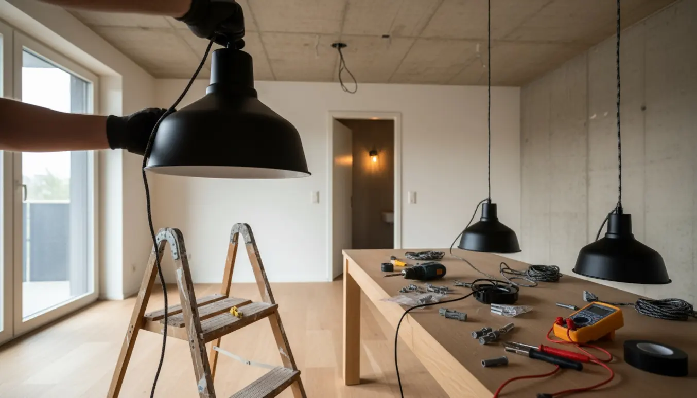 Montage af lamper på betonloft med håndværker, stige, værktøj og pendler klar til montering.