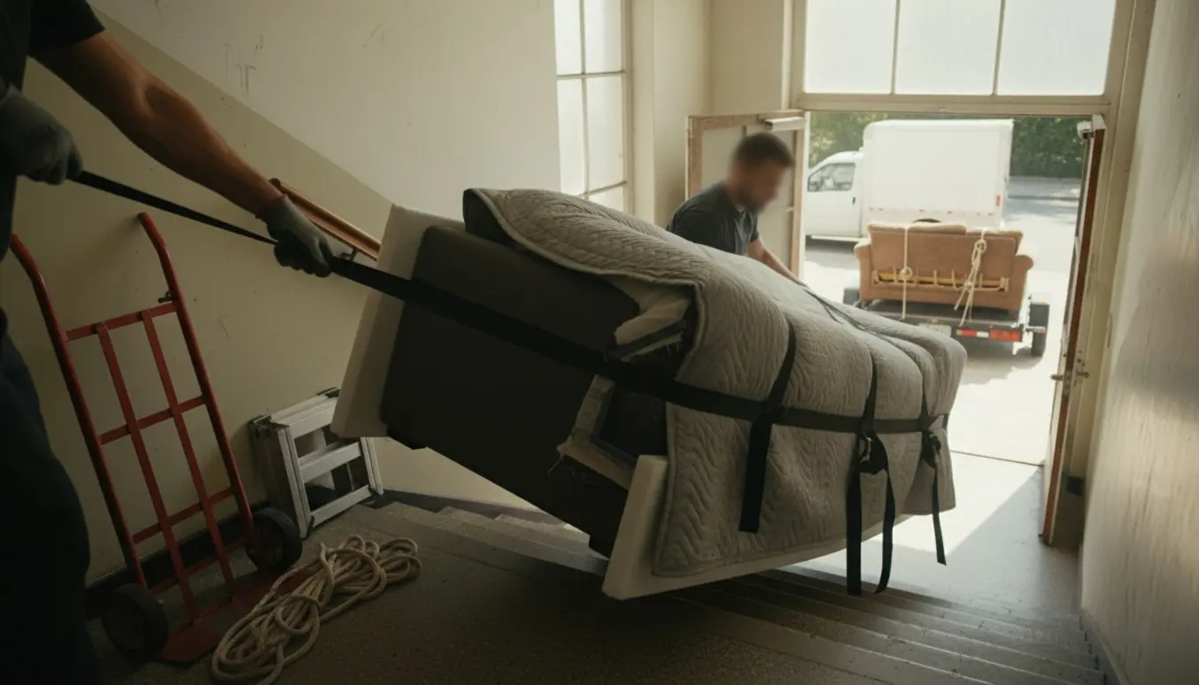 To flyttemænd bærer en stor sofa ned ad en smal trappe med flyttetæpper, dolly og en trailer med en gammel sofa udenfor.