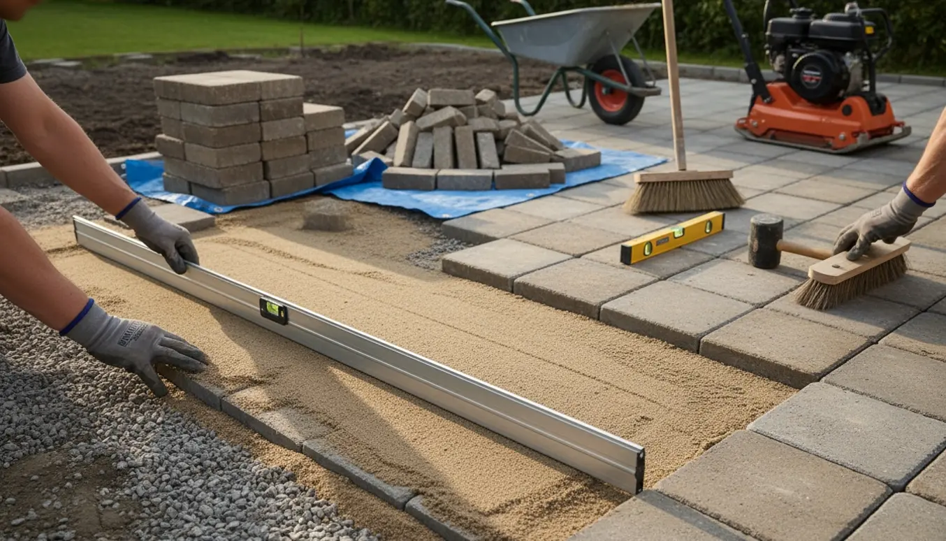 Handskerede hænder afretter sand og lægger herregårdssten på en terrasse med værktøj i baggrunden.