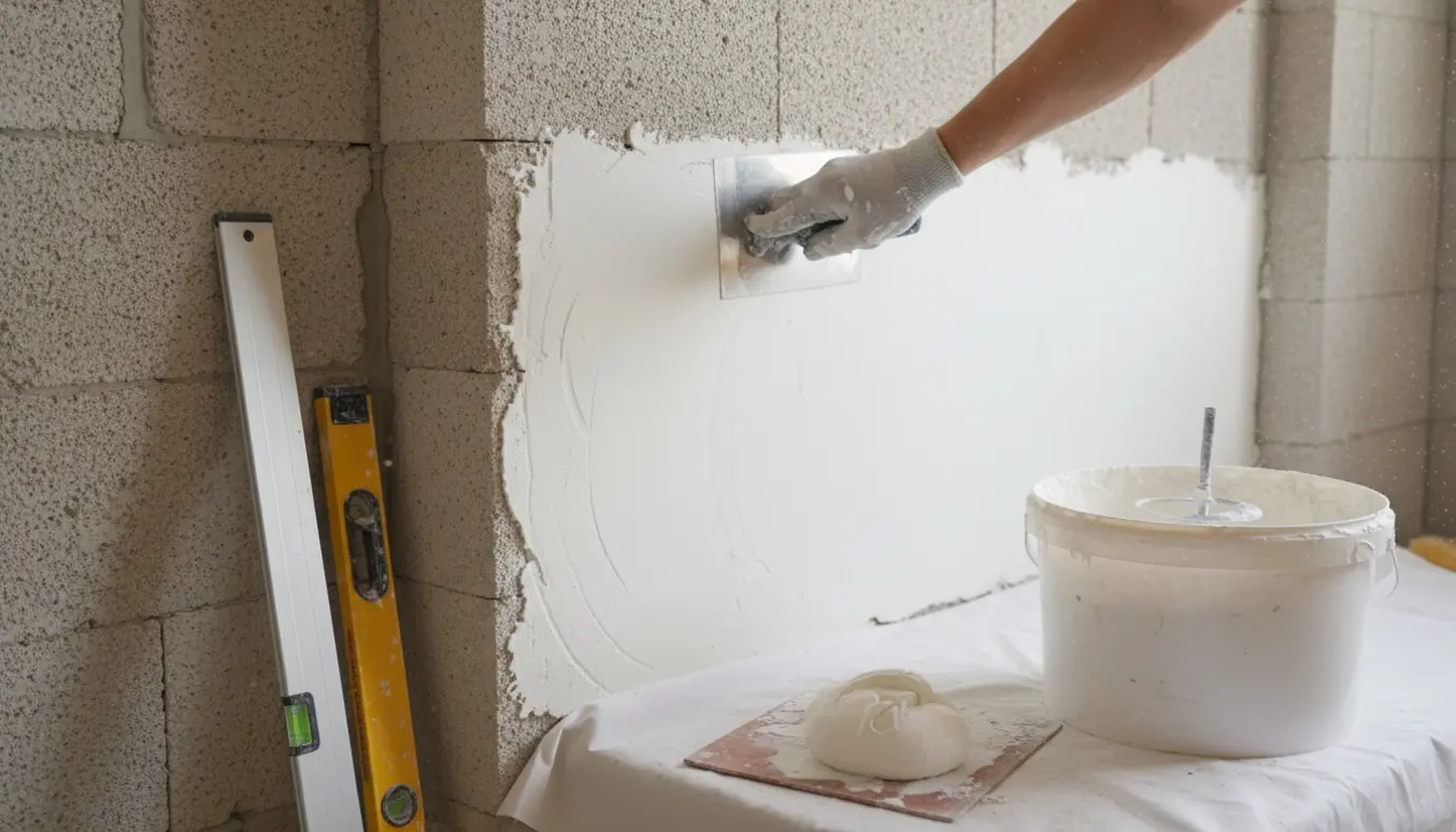 Nærbillede af spartlet gasbetonvæg med spartelværktøj og en lige kant klar til finish.