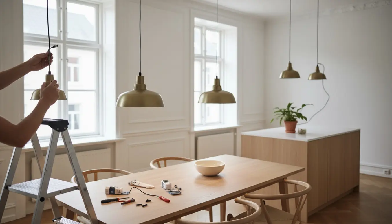 Installation af fire pendellamper i en lys københavnerlejlighed med værktøj og varme lys over spisebord og køkkenø.