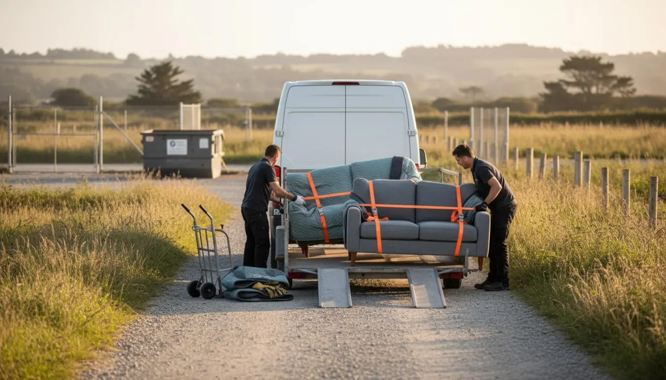 Flyttefolk laster to sofaer på en trailer ved en varevogn med flyttetæpper, stropper og en container i baggrunden.