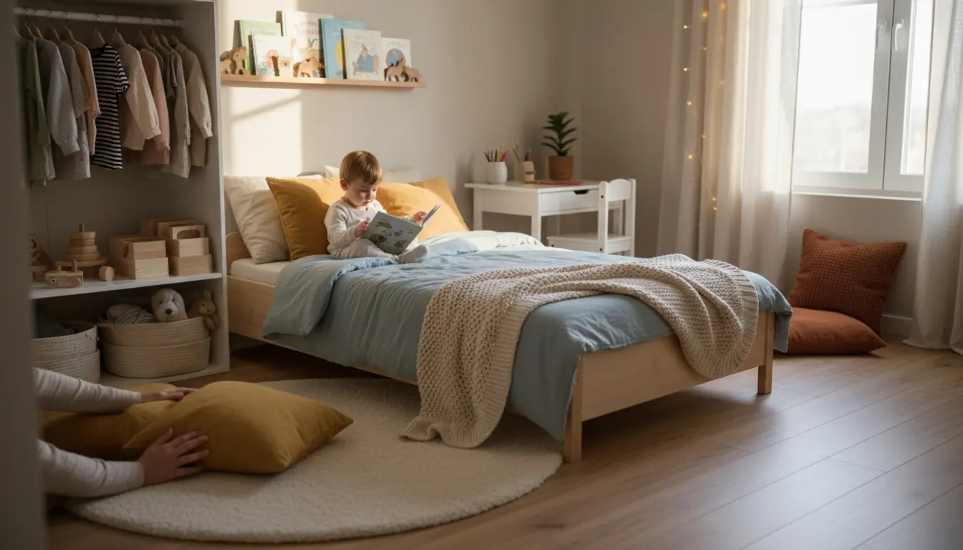 Hyggeligt, velordnet børneværelse med seng, skrivebord, legekrog og bløde tekstiler i naturligt lys.