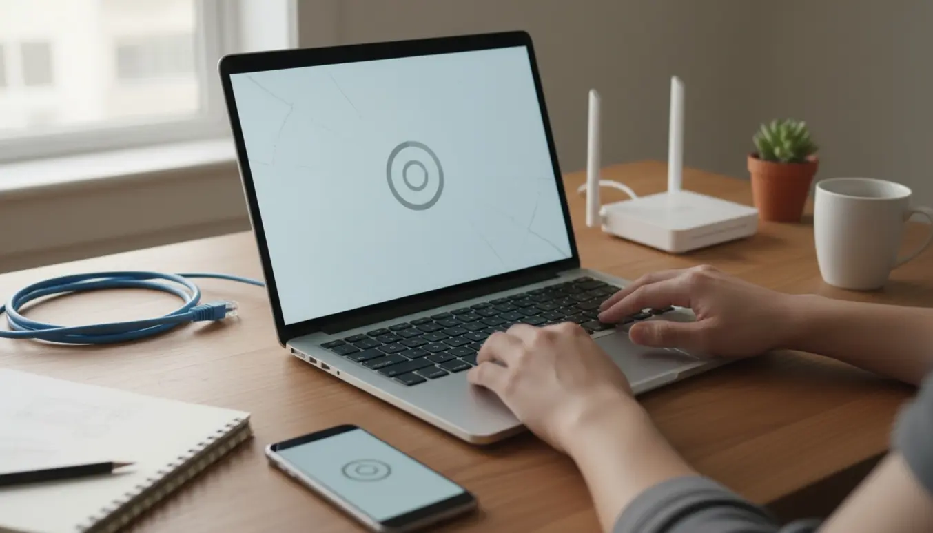 En bærbar med et tomt browservindue og hænder på touchpad'en, der illustrerer problemer med at få adgang til en hjemmeside.