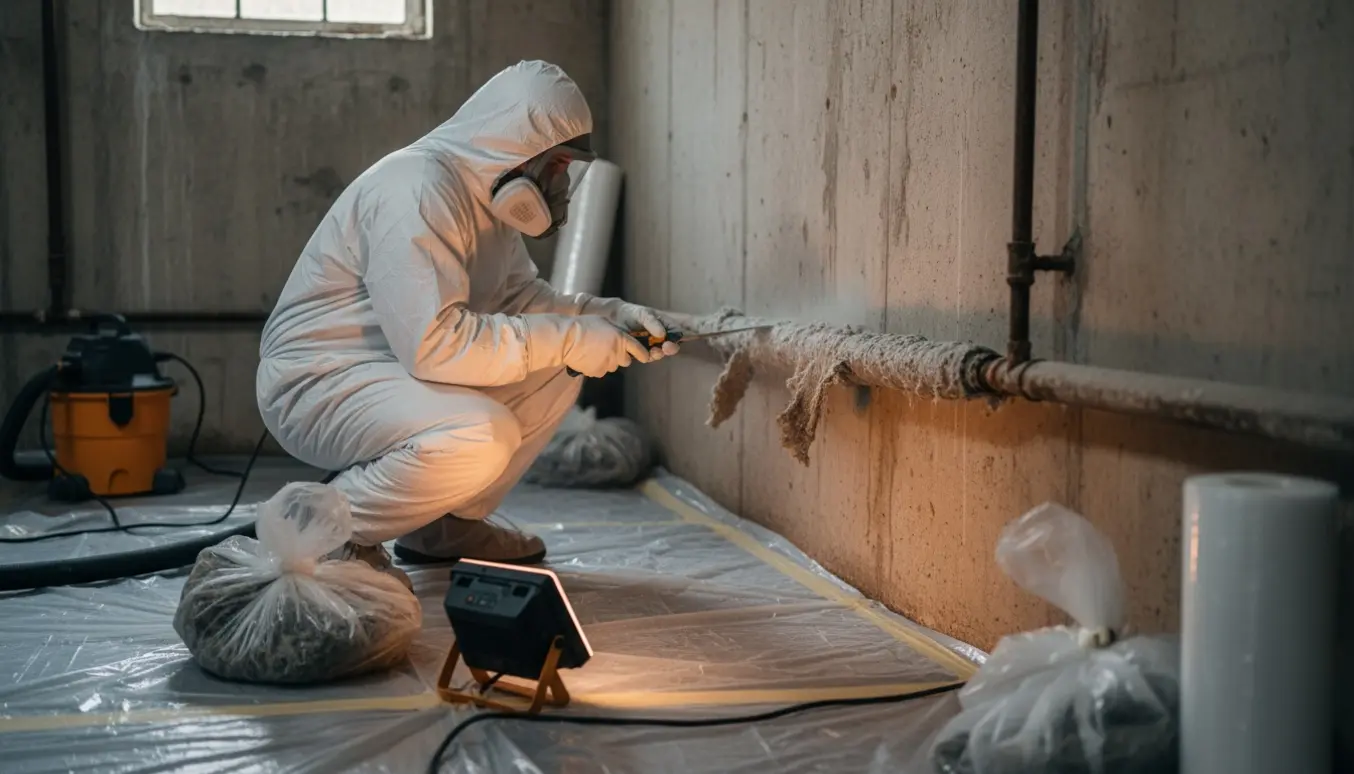 Arbejder i beskyttelsesdragt fjerner asbestisolation fra rør i en kælder med værktøj, plastikafdækning og affaldsposer klar.