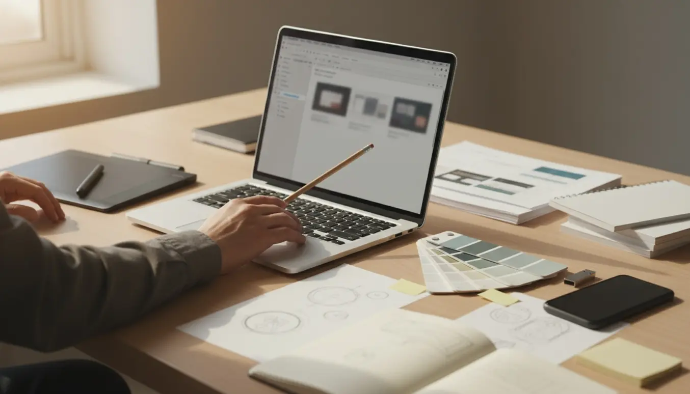 Nærbillede af hænder, der finpudser en Keynote-præsentation på en laptop ved et soloplyst skrivebord med skitser og farveprøver.