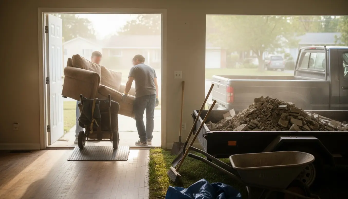 Flytning af sofa gennem en åben dør mens byggeaffald læsses på en trailer ved huset.