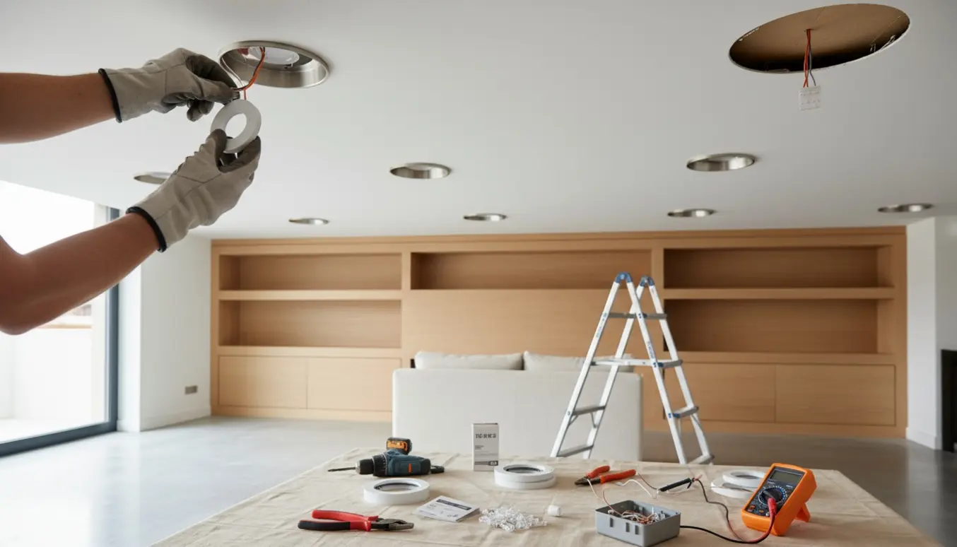 Elektriker udskifter loftspots til LED i loft og hylde med værktøj lagt frem.