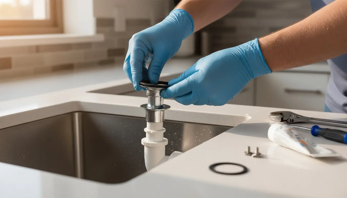 Hænder monterer en ny tynd gummipakning under det runde køkkenafløb med værktøj ved siden af.