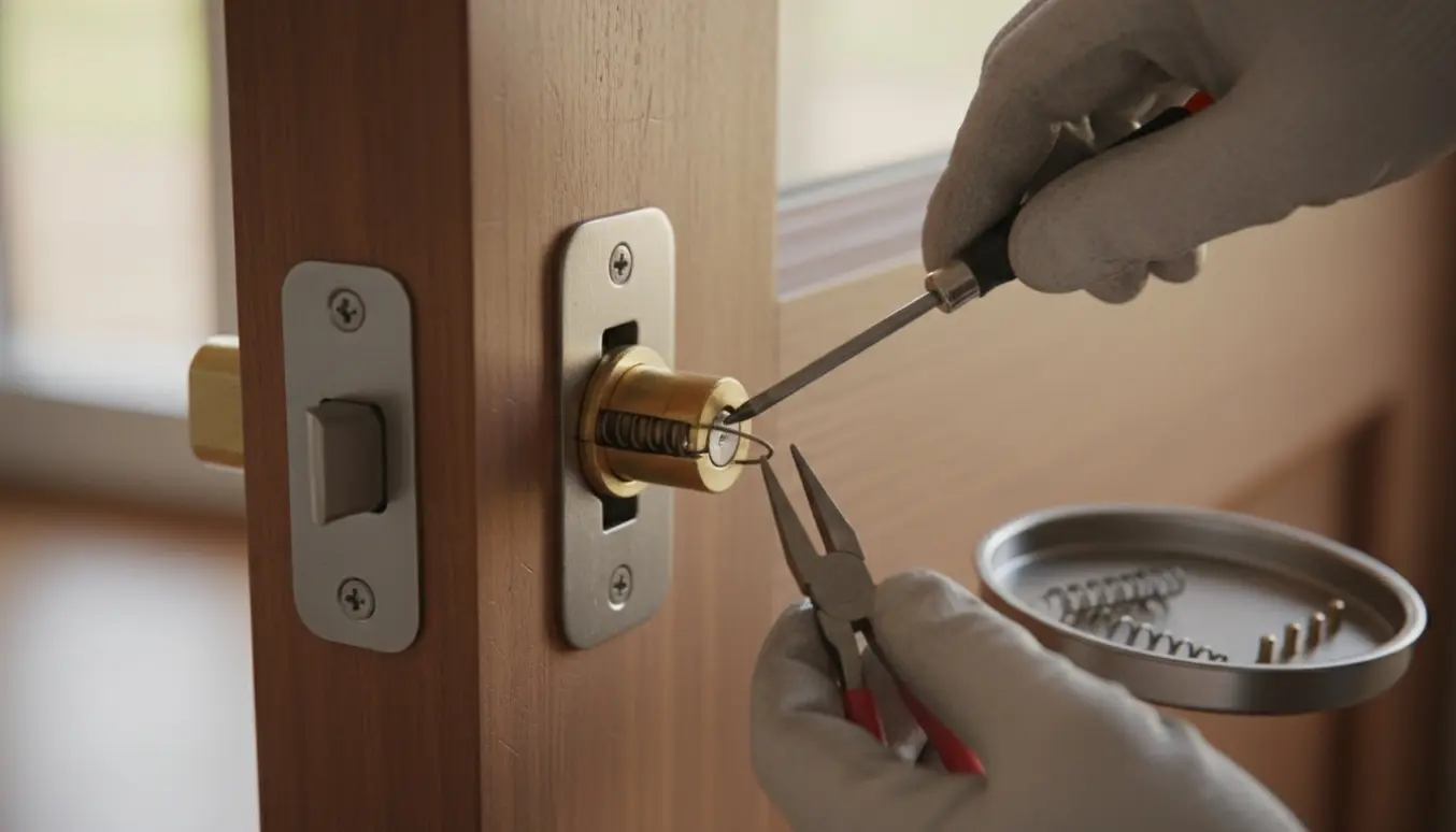 Nærbillede af hænder, der reparerer en dørlås og trækker en beskadiget fjeder ud med skruetrækker og tang.