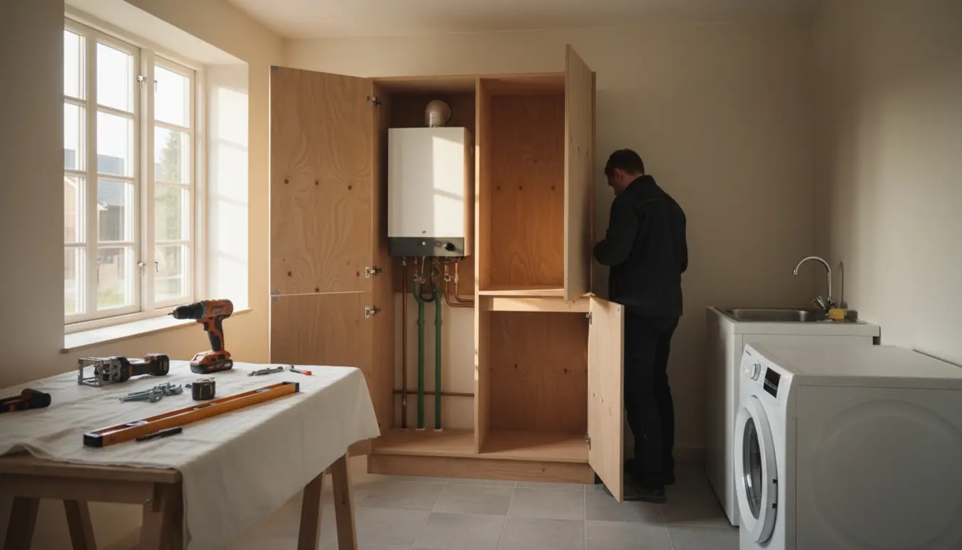 Et bryggers under installation med hænder, værktøj og et nyt skab rundt om et gasfyr.