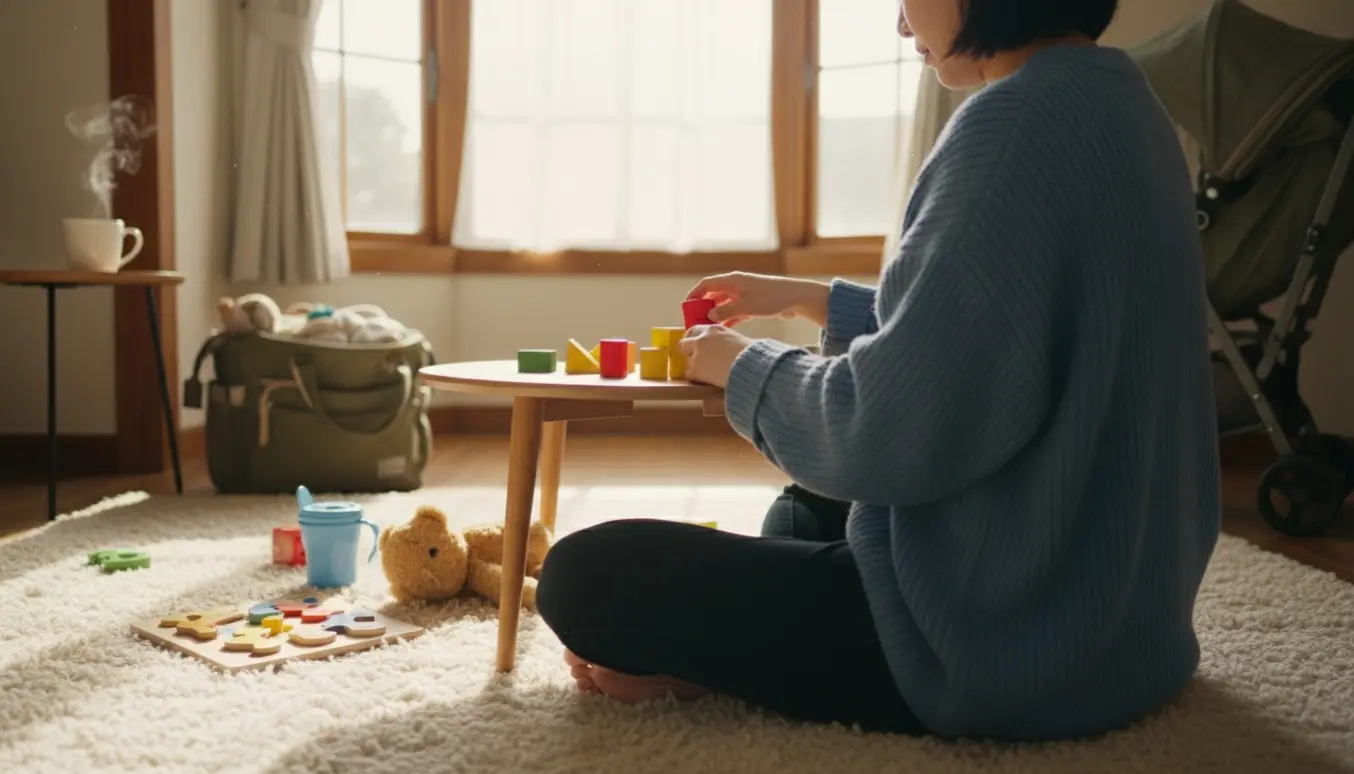En voksen hjælper et barn med at stable klodser i en solfyldt stue, omgivet af legetøj og en åben pusletaske.