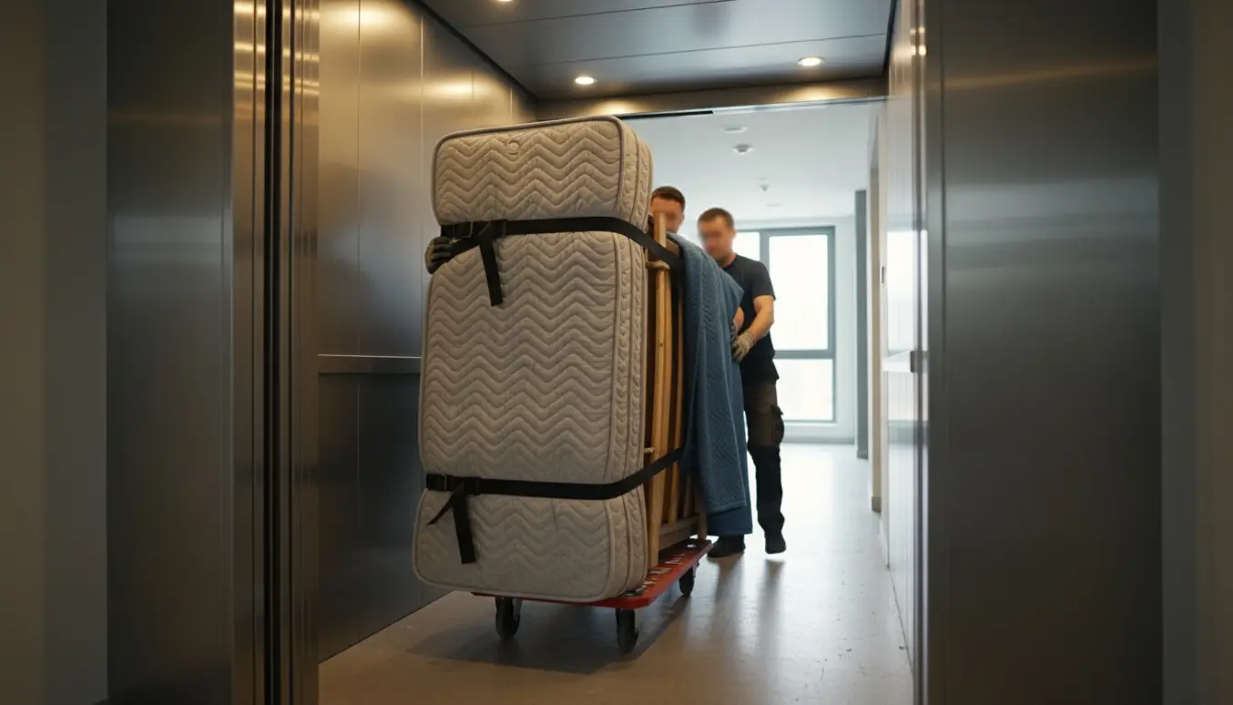 Flyttefolk fører en indpakket dobbeltseng ind i en elevator i en lys moderne opgang.