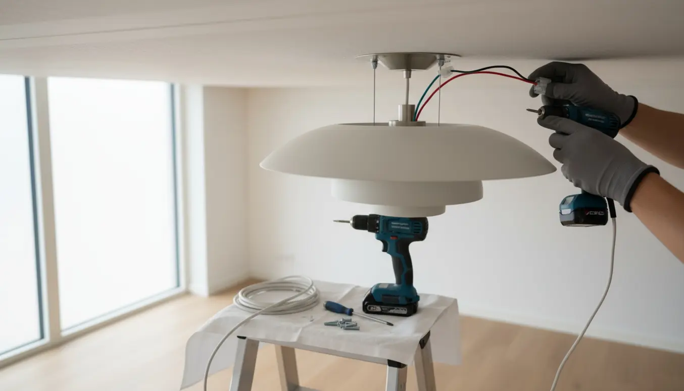 Hænder på en stige monterer en rund Patera-pendel i et hvidt nybygget rum med gipsloft.