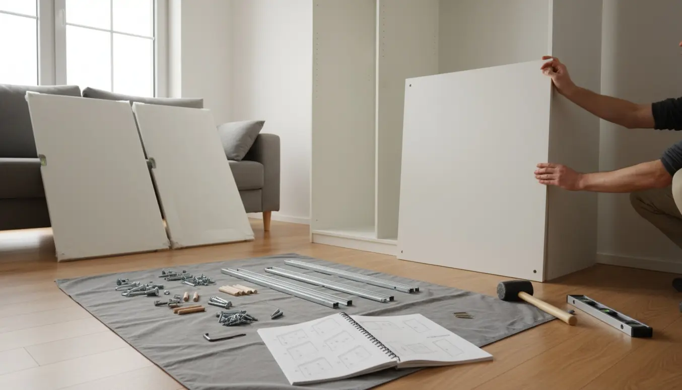 Nærbillede af hænder, der samler et stort hvidt IKEA-skab (HAUGA-stil) med plader og beslag i et lyst værelse.