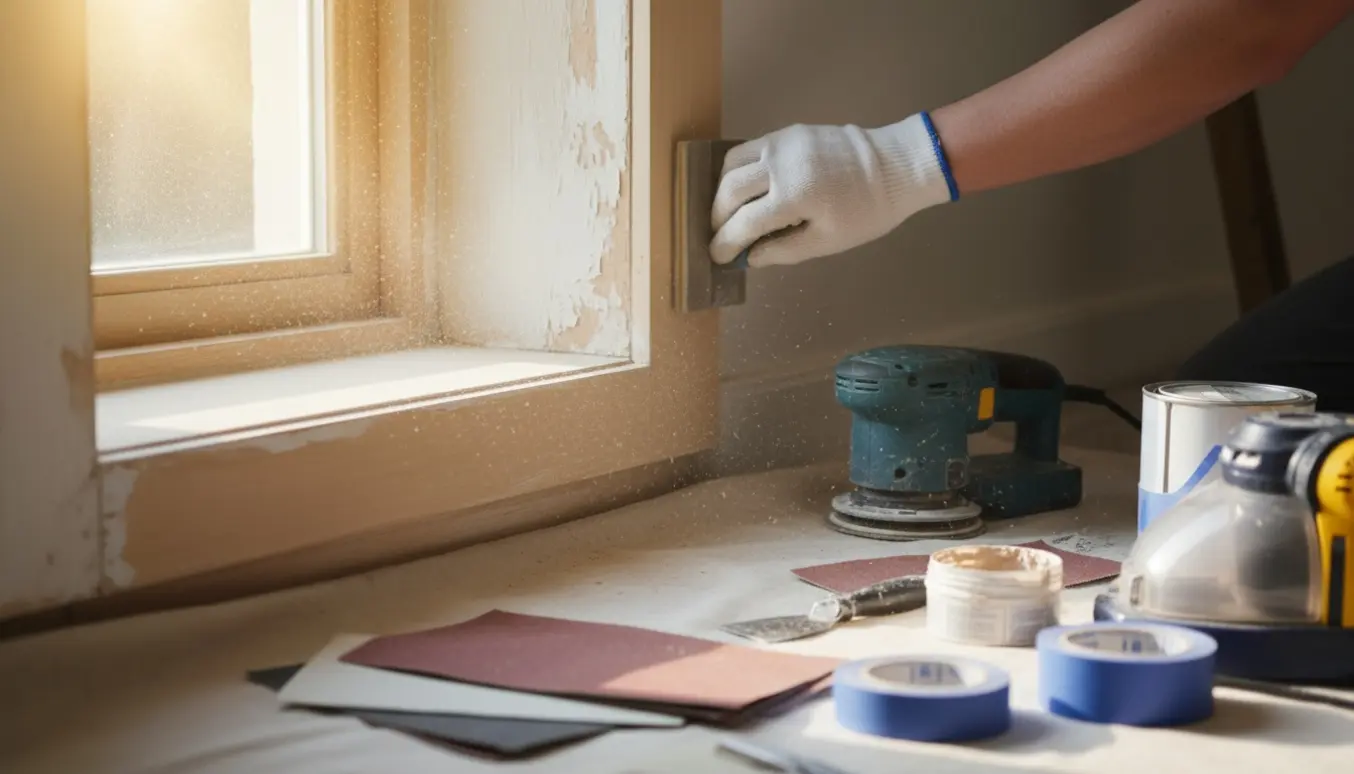 Nærbillede af hænder i arbejdshandsker, der sliber en vindues- og dørlysning indendørs med værktøj og materialer lagt frem.