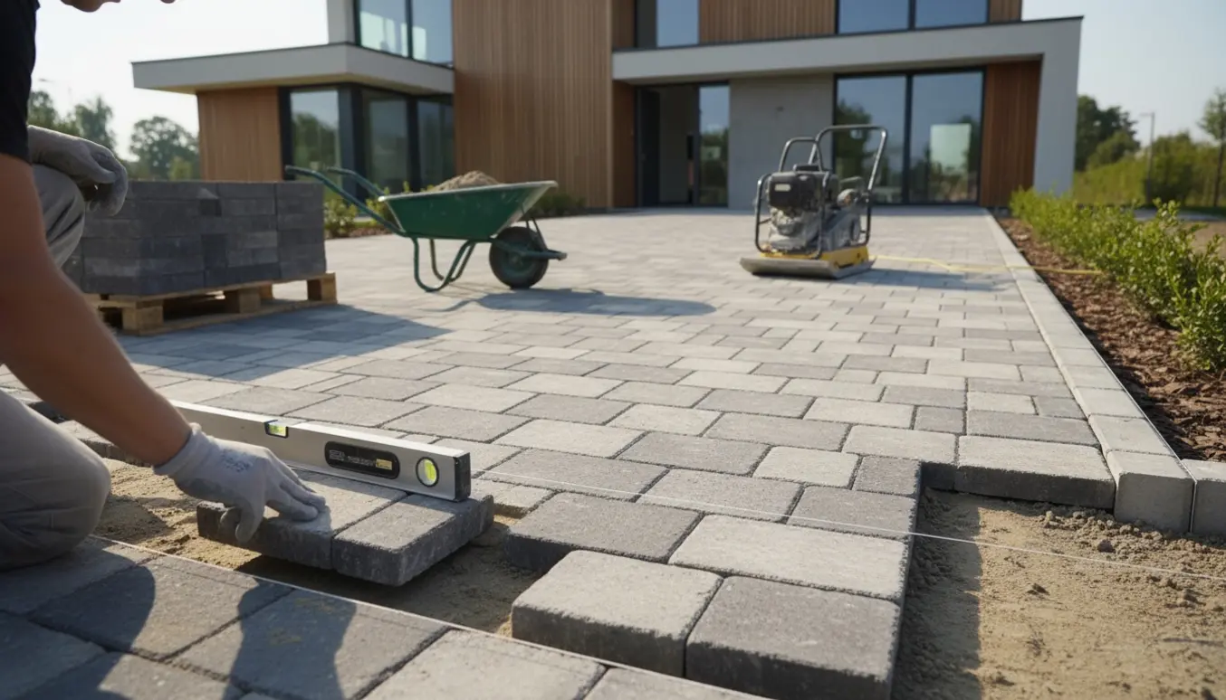 Nyanlagt bred indkørsel med store fliser foran et nybygget hus, håndværker arbejder med værktøj.